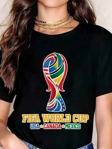 Camiseta de Mujer para la Copa Mundial, USA, Canadá, México, Casual, Cuello Redondo, Manga Corta, Perfecta como Regalo de Cumpleaños, Adecuada para Usar en Todas las Temporadas, para Uso Diario al Aire Libre, para Fanáticos del Fútbol de la Copa Mundial - Negro - Ver 1