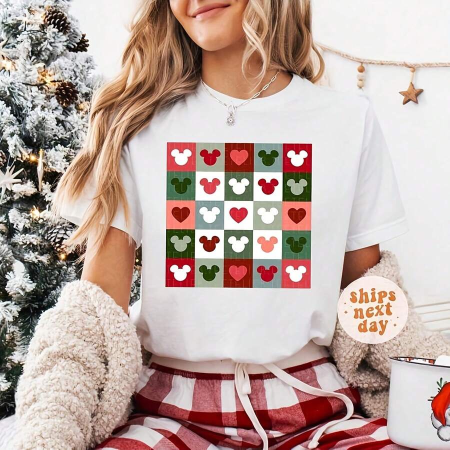 Checkered Cistmas Mouse Ears Happiest Place On Earth WDW Groovy Toddler Matching Family R Vation S - White - View 1