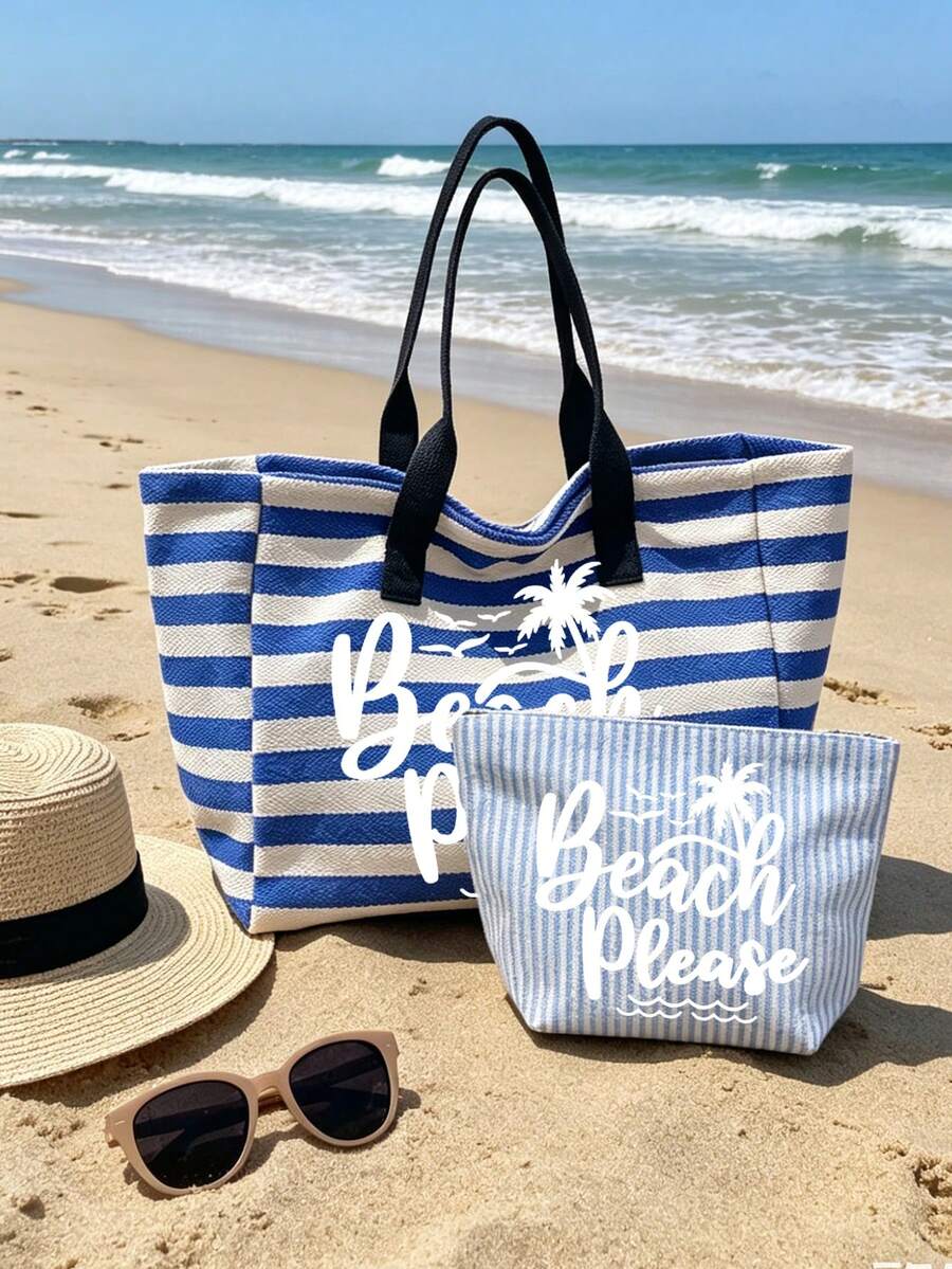 Large Capacity Blue & White Striped Beach Tote Bag,With Coconut Tree And Letter Printing,Women'S Fashion Tote Bag,Striped Color-Block Shoulder Bag,Foldable Canvas Shoulder Handbag,Work Commute Tote - Multicolor - View 1