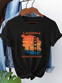 Talla, camiseta de mujer de talla con estampado gráfico del puente Golden Gate de CALIFORNIA, manga corta, cuello redondo, top casual para verano y primavera, ropa de mujer - Negro - Ver 6