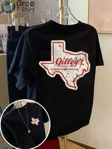 Camiseta de manga corta de estilo casual vintage, con estampado en la parte delantera y trasera, que presenta un mapa de Texas y el diseño de la palabra "Gilley's", adecuada para el uso diario en verano, ideal como regalo para parejas y amigos. - Negro - Ver 12