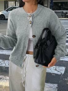 Just Masa 女款秋冬休閒優雅針織開襟衫，圓領鈕扣寬鬆基本款純色毛衣，適合度假、旅行、外出 - 灰色 - 查看 6