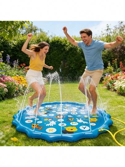Extra Large Inflatable Sprinkler Mat, Smart Scientist 26 Letters & Animal Pattern, Splash Pad, Durable Outdoor Lawn Garden Water Mat, Suitable For Lawn, Beach, Garden, Summer Park, Letter Learning
