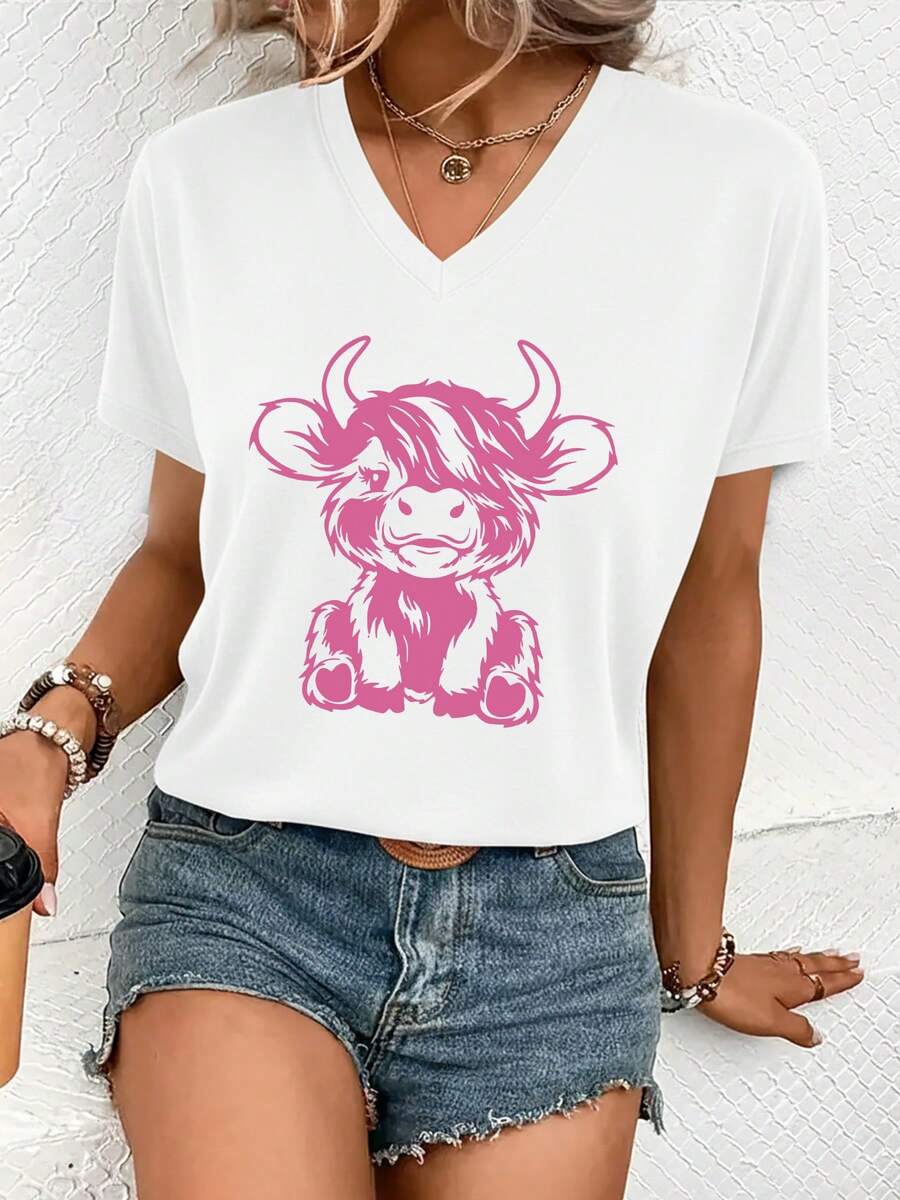 Casual T-Shirt New Women's Short Sleeve V-Neck T-Shirt, Spring And Summer, With A Stylish Printed Design, Made Of Soft And Comfortable Fabric, Easy Care And Machine Washable, Perfect For Outings And Home Wear During Spring And Summer 100% Cotton Durable - 白色 - 查看 1