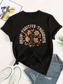 Camiseta con diseño de flor de dibujos animados para inspirar el pensamiento positivo, cómoda camiseta casual de manga corta con cuello redondo, ideal para primavera y verano, ropa de mujer - Negro - Ver 1