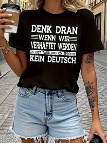 Camiseta con temática humorística y satírica, top casual de manga corta y cuello redondo, ropa de mujer para primavera/verano. - Negro - Ver 8