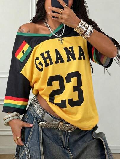 Femmes Rétro 23# Impression Bloc de Couleur Hors-Épaule T-Shirt Jersey, Bloc de Couleur Jaune et Noir Lâche 3/4 Manches Jersey de Sport Décontracté