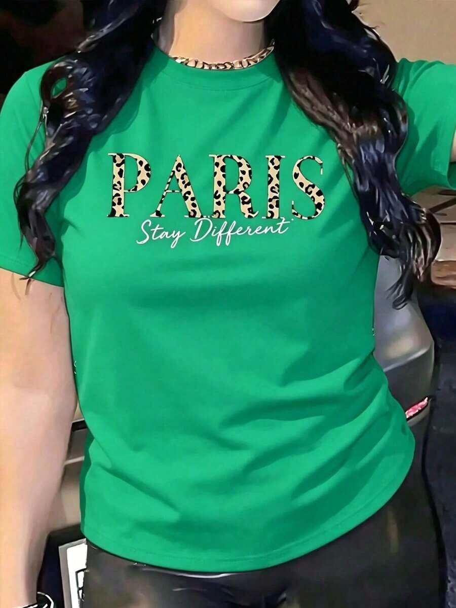 Respirable Playera Negra con PARIS y Estampado de Leopardo, Camiseta Estilo de Moda y Estilo Francés, Blusa de Textura Animal Print "Mantente Diferente", Tops Oversize Chic Parisino Regalo, ropa de calor mujer - Verde - Ver 1
