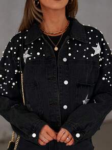 Womens Cropped Pearls Beading Jean Jacket Ripped Star Embroidered Denim Jacket Coat - Black - View 8