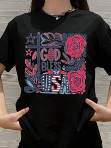 Patriotic "God Bless The USA" T-Shirt With Cross And Roses Design For Independence Day And National Holidays, American Flag Inspired Graphic T-Shirt For Women And Men - 黑色 - 查看 7
