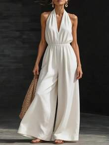Mono nuevo de verano para mujer, de diseño, elegante, estilo francés, top halter de cuello V, perfecto para oficina, looks de día y ocasiones informales, favorecedor - Blanco - Ver 2