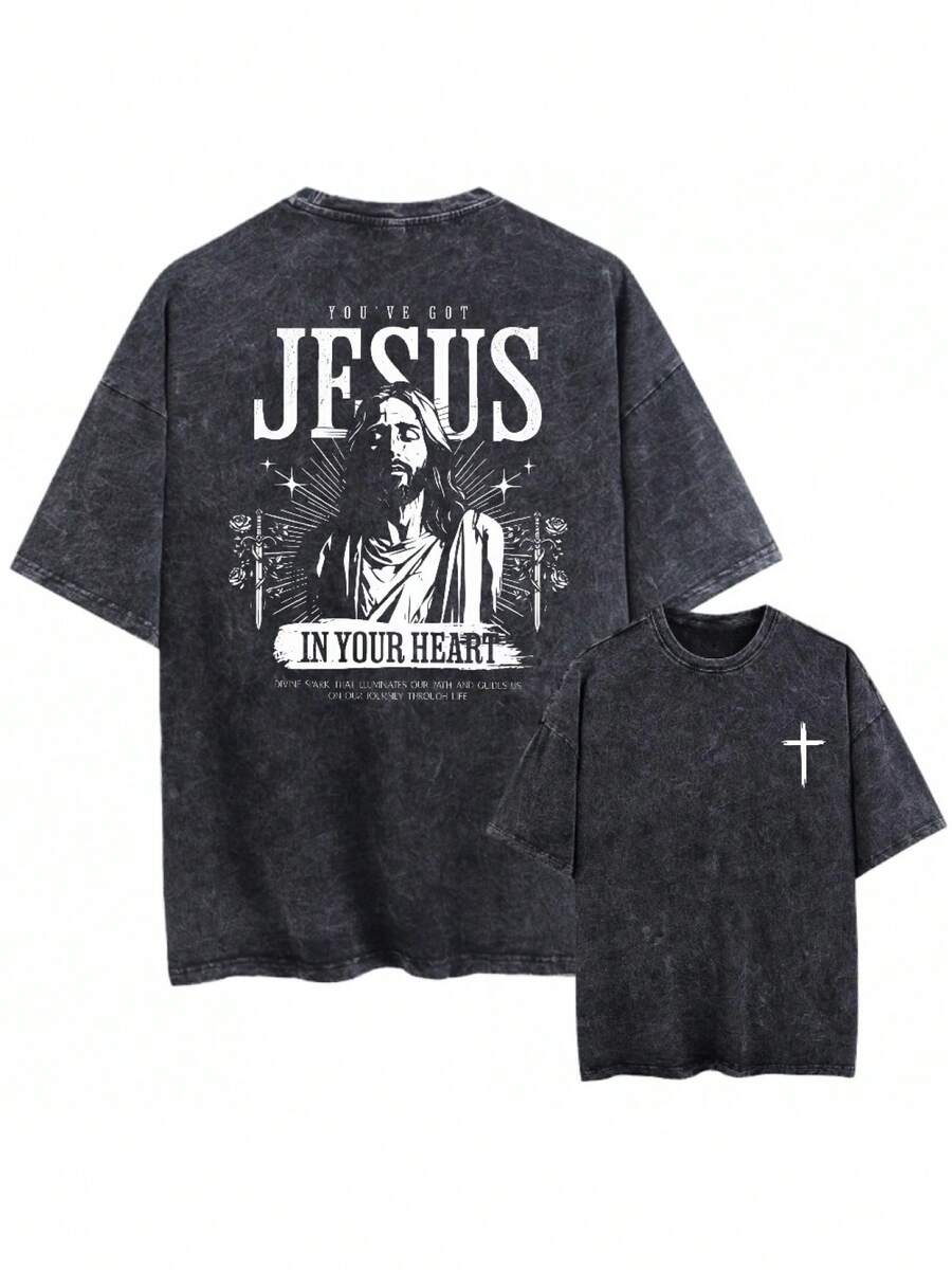 Camiseta Unisex Vintage Lavada Oversize Negra Manga Corta Gráfica Hombres Mujeres Ropa Jesús En Tu Corazón Cruz Serie Religiosa Cristiana Camiseta Vintage Lavada Hombres Mujeres Gótica Rock Oversize Manga Corta Hip Hop Streetwear-Vintage Street Style Unisex Loose Cotton Short Sleeve Crew Neck T-Shirt - Negro - Ver 1