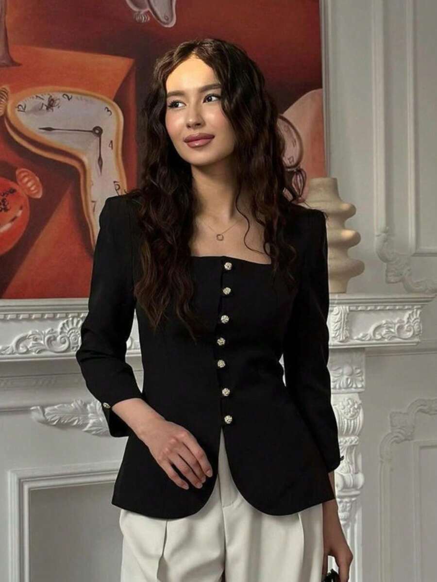 Blazer negro estilo tweed 2026, cuello cuadrado, corte ajustado de alto diseño - Negro - Ver 1