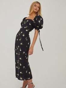 Vestido vacacional floral 2026, cuello barco, manga pompom, corte ajustado largo estilo francés - Negro - Ver 5