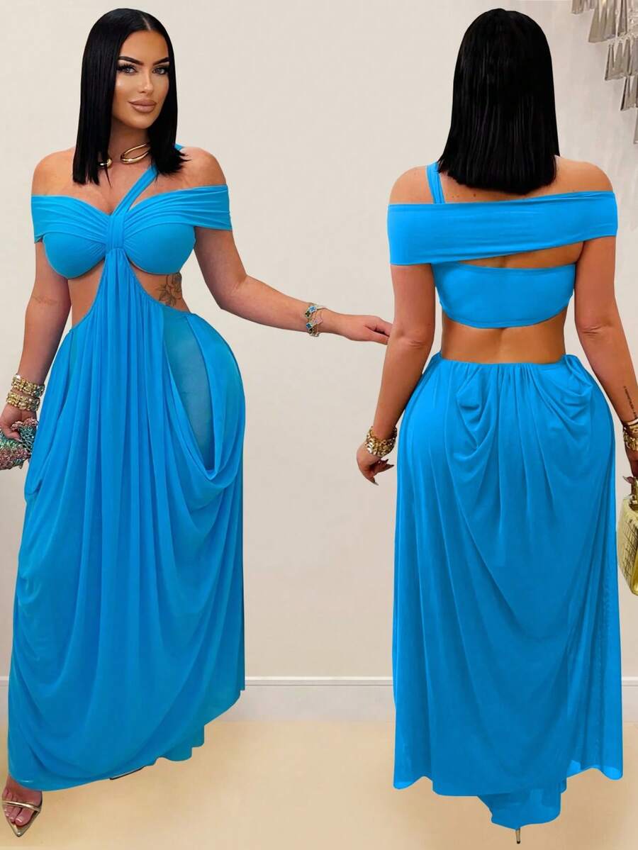 Vestido nuevo de verano para mujer, de moda, sexy, top tubo, corte entallado, unicolor, de tul transparente, diseño francés, favorecedor, perfecto para fiestas, citas y looks de noche - Azul - Ver 1