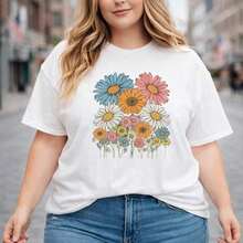Camiseta de algodón para mujer, tallas 0XL-5XL, negra, de manga corta y cuello redondo, con estampado de margaritas coloridas, camiseta gráfica de corte holgado informal para el verano, camiseta casual con estampado floral, camiseta básica de algodón cómoda para mujer. - Blanco - Ver 2