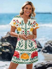 Vestido corto minimalista casual con cuello en V, adecuado para primavera y verano, ropa de verano para mujer, a rayas de colores, ropa de resort para mujer - Multicolor 4 - Ver 6