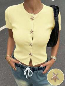 Camiseta ajustada de punto casual de cuello redondo y manga corta para mujer en color albaricoque - amarillo ganso - Ver 9