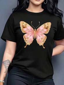 Camiseta playera grafica dama mujer estampado mariposa dorada y rosa mariposas primavera verano dia noche casual corte holgado cuello redondo manga corta material suave - Negro - Ver 7