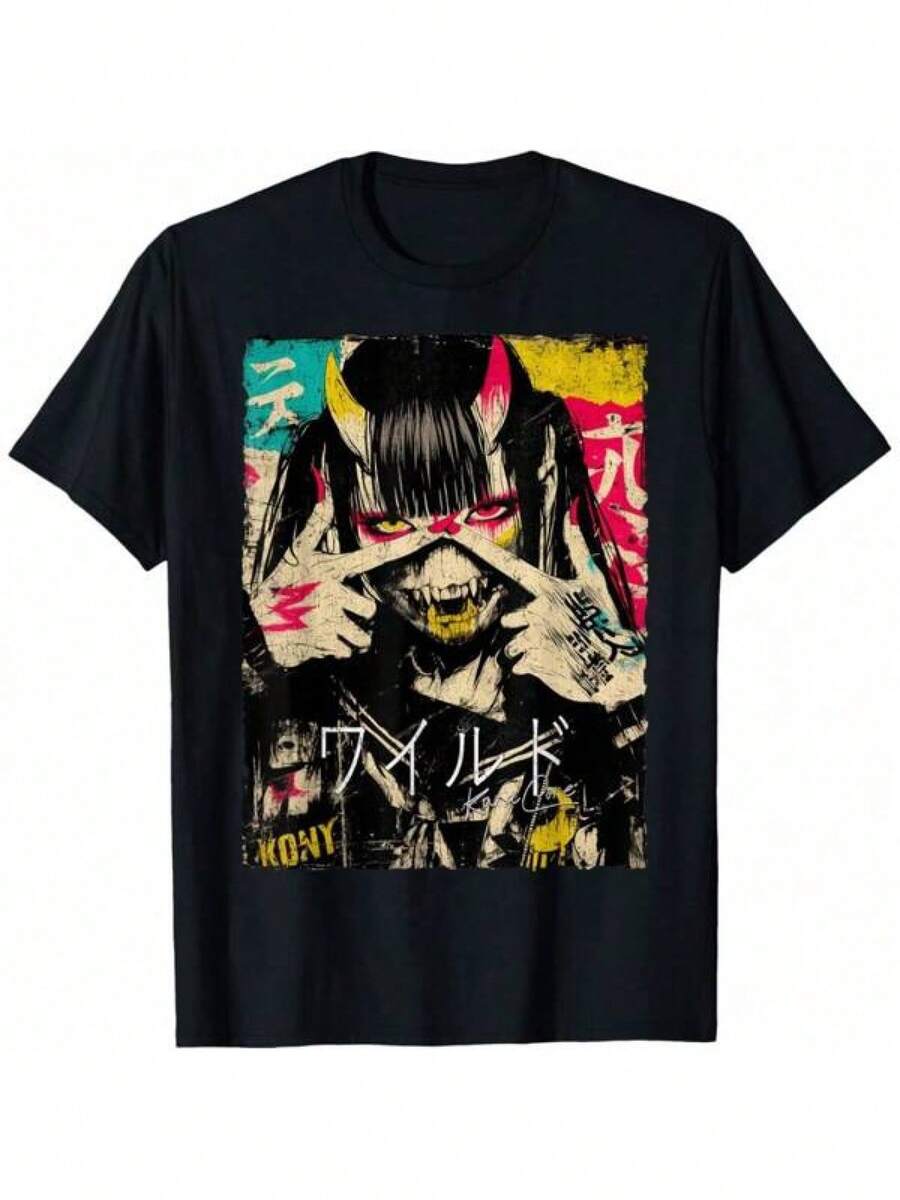 Nuevo Modelo 2026, Camiseta de Anime Estilo Tech Y2K Japonés, Moderna, Casual, de Alta Calidad (Paquete de 4), Corte Holgado, Transpirable, Suave, para Uso Diario Masculino. - Negro - Ver 1