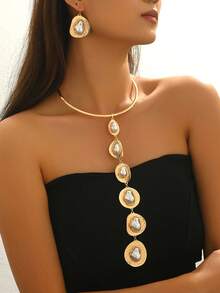 2pcs Set European And American Hammered Gold-Plated Faux Baroque Pearl Jewelry Set, Necklace + Earrings, Exaggerated Elegant Accessory Set For Commuting, Party, Evening - Golden Yellow+White - View 2
