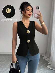 Blusa exterior con cuello en V ajustada con decoración de botones dorados con rosas - Negro 2 - Ver 9