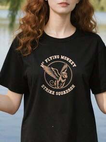 Funny-Team-Flying-Monkeys-Squadron-Wizard-Spooky--Camiseta de verano para mujer, Camisetas gráficas para mujer - Negro - Ver 5