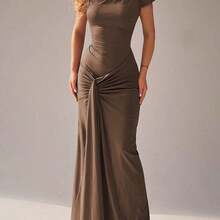 Brown Lace-Up Bandage Patchwork Ruffle Short Sleeve Dress Summer Elegant - Burdeos - Ver 2