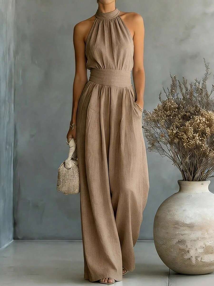 New Hit Jumpsuit For Women, Sleeveless, Halter Style, Loose And Wide Leg Cut, Fitted Waist, Flattering Design, Elegant, Perfect For Daytime Looks, Walks And Casual Occasions - 卡其色 - 查看 1