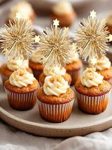 40/20pcs Gold Firework Cake Decorations, Birthday Cake Decor, Shiny Ribbon With Flowers, Fruit Picks, Graduation Party Supplies, Gold - Multicolor - - View 3