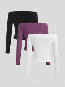 Conjunto de 3 piezas para mujer: Blusa de manga larga hombros descubiertos, blusas cortas entalladas, cómodas y amigables con la piel, versátil y estilizador - Multicolor 9 - Ver 2