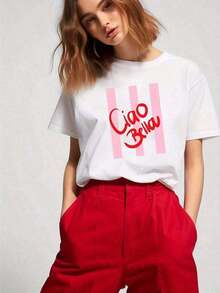 Limited Time Offer, Limited Quantities, Flash ! High-Quality Ciao Bella Letter Print T-Shirts Wholesale, Short Sleeve, Round Neck, Casual Style, Spring/Summer Women's Clothing, New 2026 Style, Y2K Style Sportswear, Round Neck, Soft Fabric, Short Sleeve. - 白色 - 查看 7