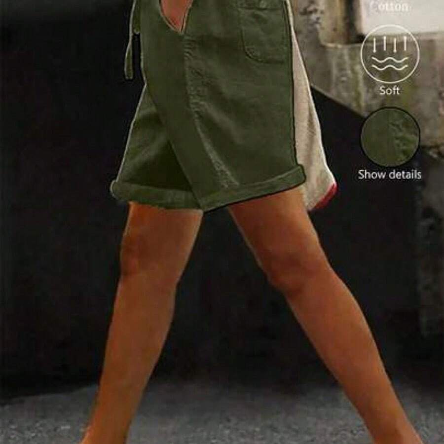 Women's Casual Solid Color Minimalist Drawstring Shorts - Verde militar - Ver 1