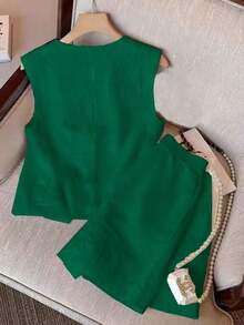 2 piezas Conjunto casual de mujer con chaleco de un solo abotonado y pantalones cortos de unicolor - Verde Oscuro - Ver 2
