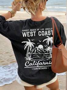 Women's Short-Sleeved, Round-Neck T-Shirt In A Casual, Summery Style, Featuring A Simple And Versatile Palm Tree Slogan Print, Suitable For Everyday Wear. Graphic T-Shirt, Women's Vacation Top. - 黑色 - 查看 3