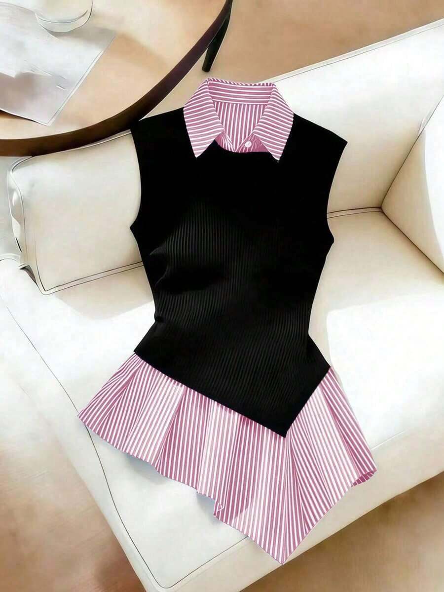 Camisa casual de mujer a rayas de moda en color negro, de corte slim y favorecedora - Rosa - Ver 1