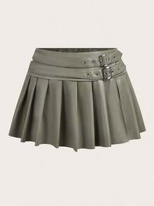 ICON Falda midi plisada de cintura elástica con abertura, de color liso, de uso casual para mujer - Verde militar - Ver 1