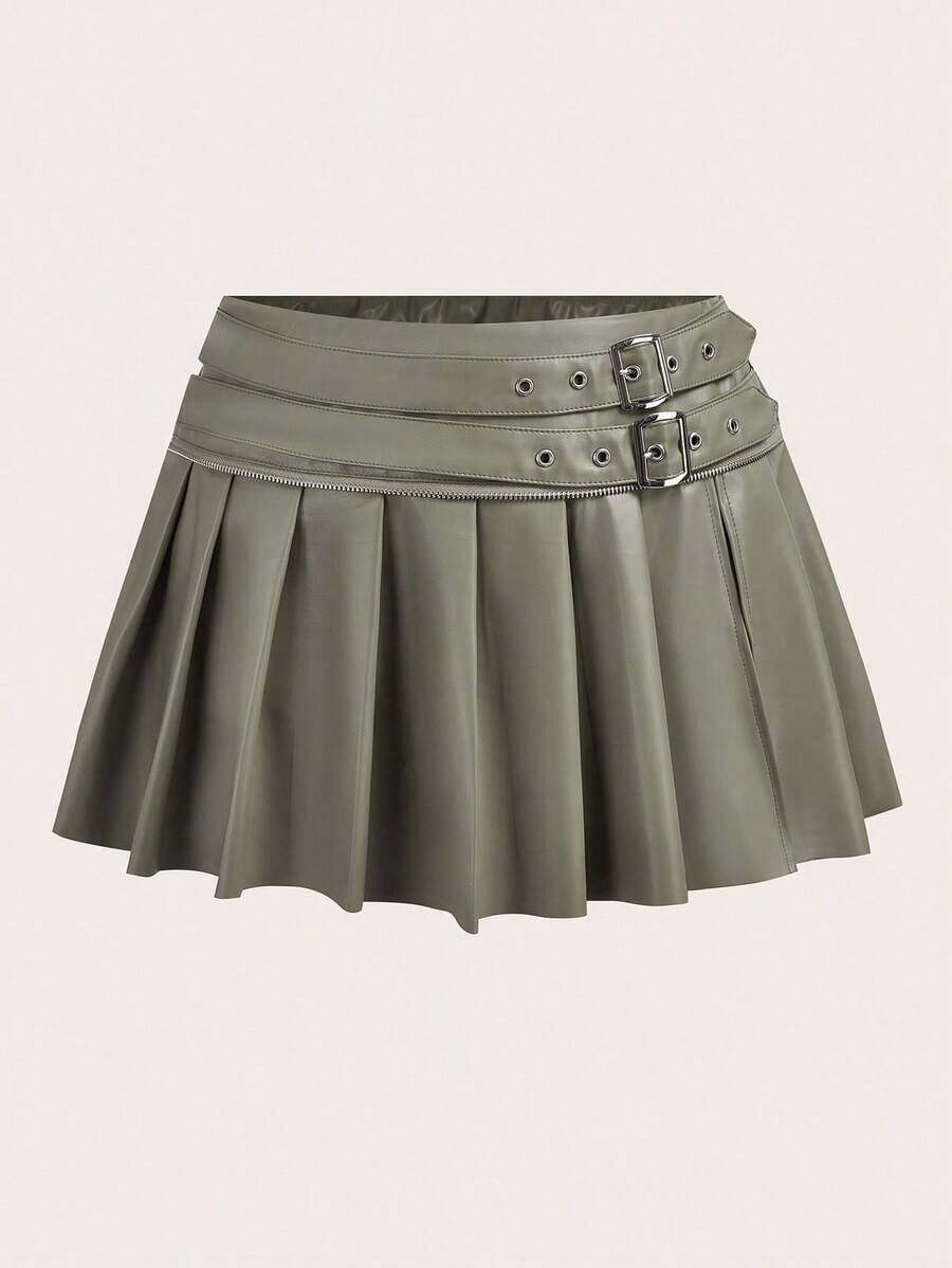 ICON Falda midi plisada de cintura elástica con abertura, de color liso, de uso casual para mujer - Verde militar - Ver 1