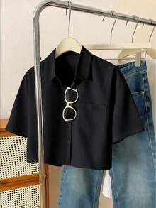 Camisa casual de mujer de unicolor, de manga corta, con hombros caídos y botones delanteros, para verano - Negro - Ver 6