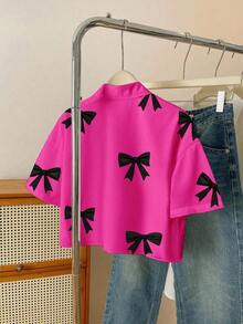 Camisa casual de mujer de unicolor, de manga corta, con hombros caídos y botones delanteros, para verano - Rosa Fucsia - Ver 2