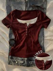 Camiseta de manga corta con cremallera frontal de 2 vías y adorno de encaje para mujer - Multicolor 16 - Ver 5