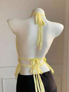 Camiseta sin espalda con cuello halter y espalda con lazo fruncido - Amarillo claro - Ver 2