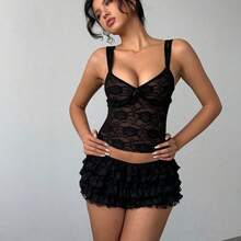 Women's New Sexy Lace Solid Color Black Cake Skirt Ruffle Low Waist Short Shorts,Valentine's Day,Valentines,Shorts For Women,Y2k,Valentine's Day,Graduation,Back To School Outfits Summer Outfits For Women Summer Clothes Summer Holiday Outfits - Rosa Pálido - Ver 5