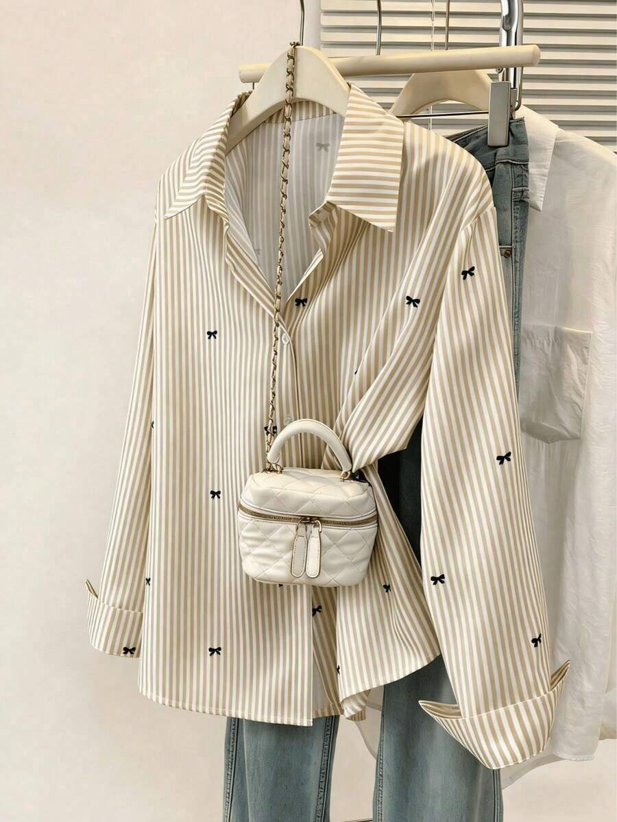 Camisa de manga larga con estampado a rayas y lazo, con botones delanteros, cuello de camisa, top casual, adecuado para primavera, otoño e invierno en color rosa - Albaricoque - Ver 1