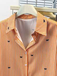 Camisa de manga larga con estampado a rayas y lazo, con botones delanteros, cuello de camisa, top casual, adecuado para primavera, otoño e invierno en color rosa - Naranja - Ver 5