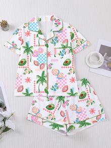 2pcs/Set Women's Pajama Set, Grid Floral & Coconut Tree Print, Women's Loungewear, Spring/Summer Holiday Outfit, Short Sleeve Lapel Top And Shorts, Can Be Worn Out - Multicolor - View 1