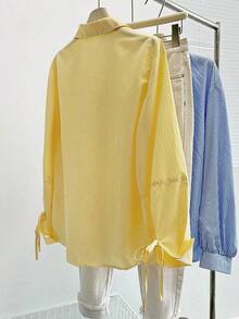 Camisa casual de manga larga con cuello vuelto, a rayas, holgada, con cordón y protección solar para mujeres - Amarillo - Ver 2