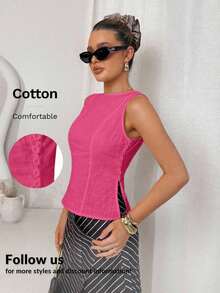 Camisa blanca de lino sin mangas, ajustada, con botones de nudo de bambú, estilo vintage para oficina - Rosa Fucsia - Ver 10