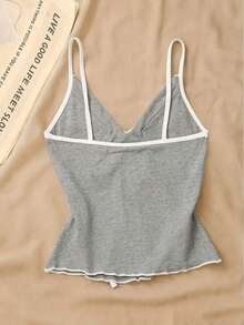 Top de tirantes con lazo y ribete de lechuga en contraste, elegante y ajustado, top para salir para mujeres, apto para el estilo del milenio - Gris - Ver 2
