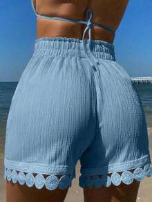 Conjunto de 3 piezas de ropa de verano para vacaciones en la playa para mujer: Cubrecostos con cintura anudada y encaje, Top de traje de baño, Shorts - azul cielo - Ver 2